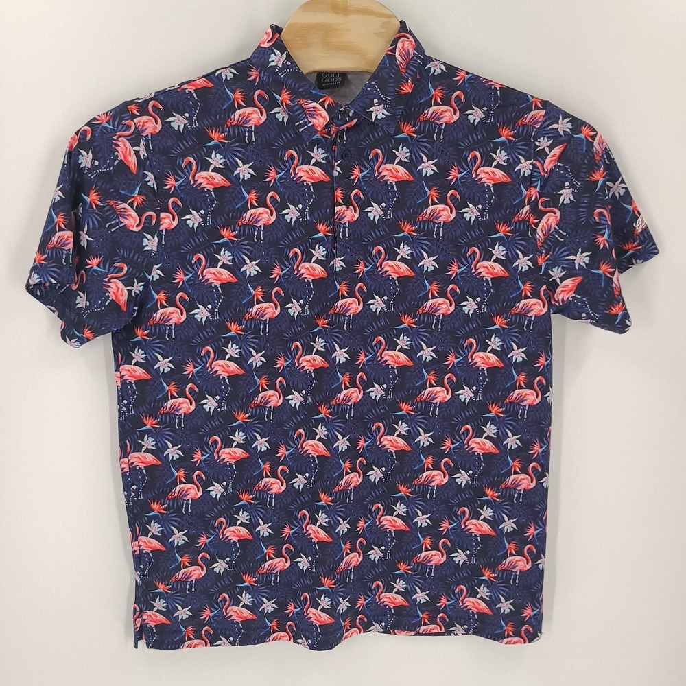 Golf Gods Shirt Mens Large Blue Flowers and Flamingo Cool Tech Performance Polo